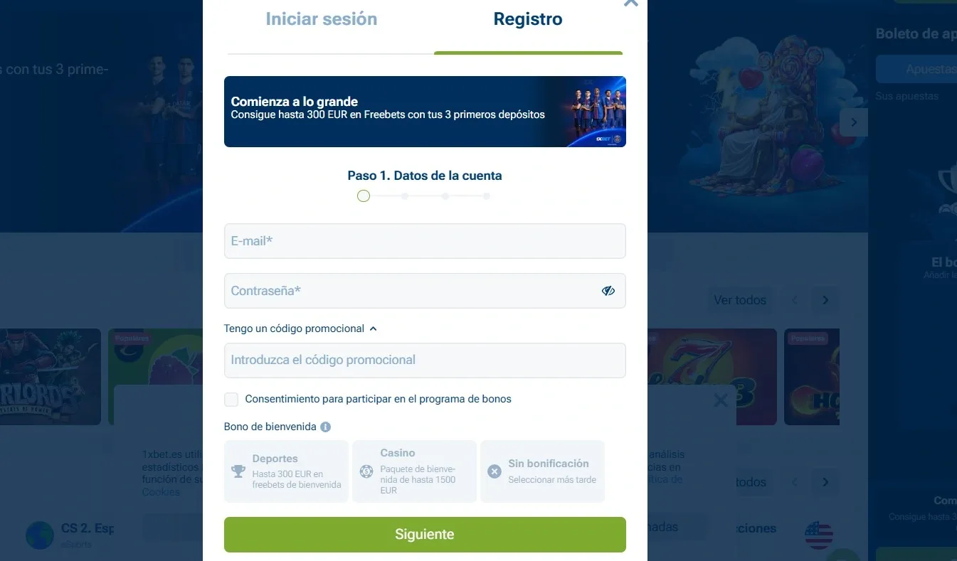 Formulario de registro 1xBet para bono bienvenida