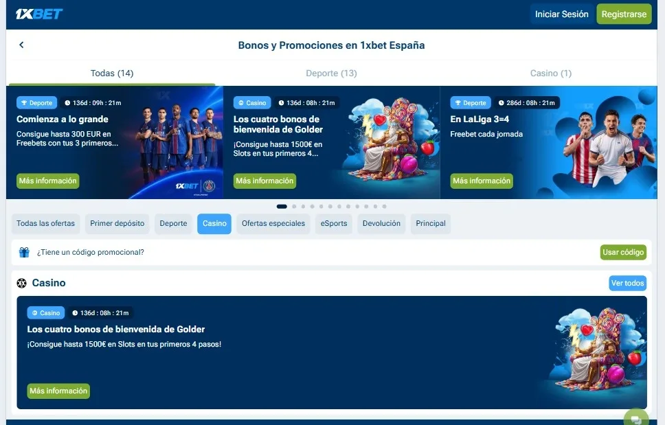 Promoción inicial casino para tragaperras 1xBet
